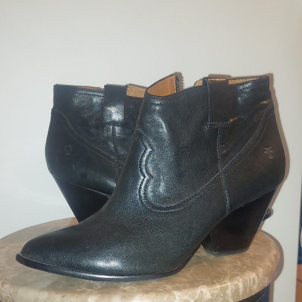 Frye Reina Black Leather Western Inspired Ankle Booties